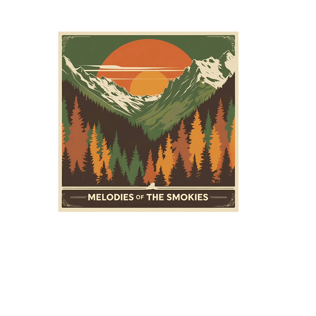 Melodies of the Smokies podcast cover art featuring mountain landscape with sunset