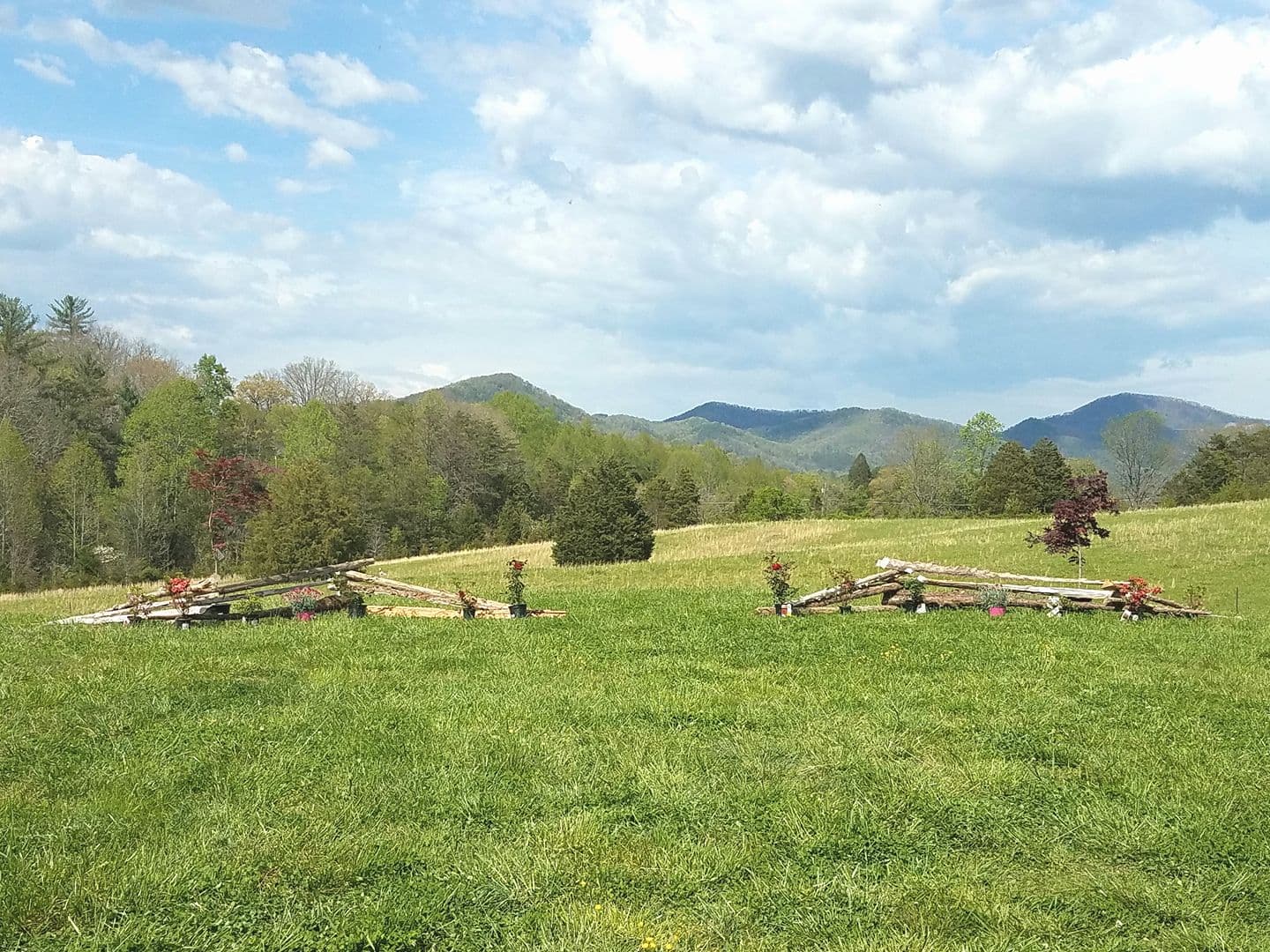 Mountain meadow with split-rail fence and Smoky Mountains in the background near Townsend, Tennessee